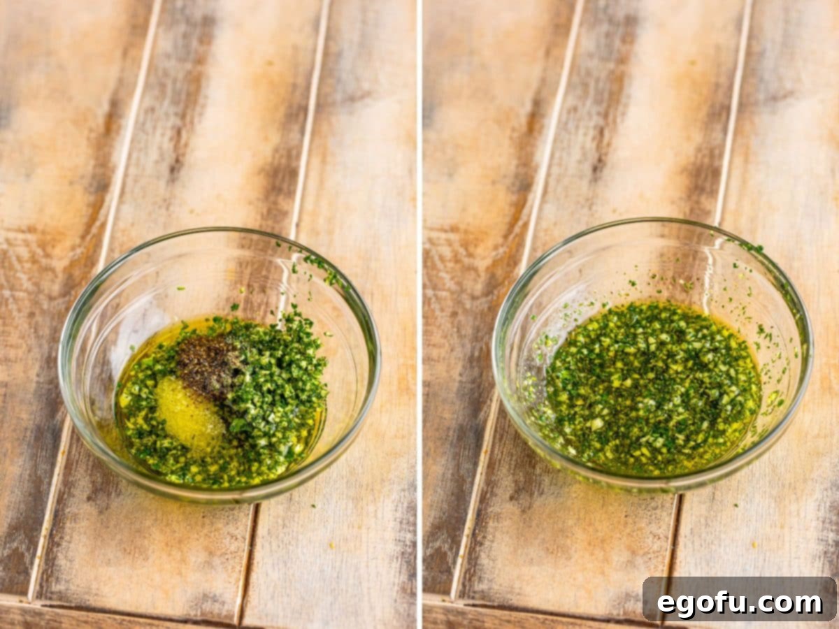 A small bowl containing the herb mixture of olive oil, salt, pepper, garlic, parsley, thyme, and rosemary.