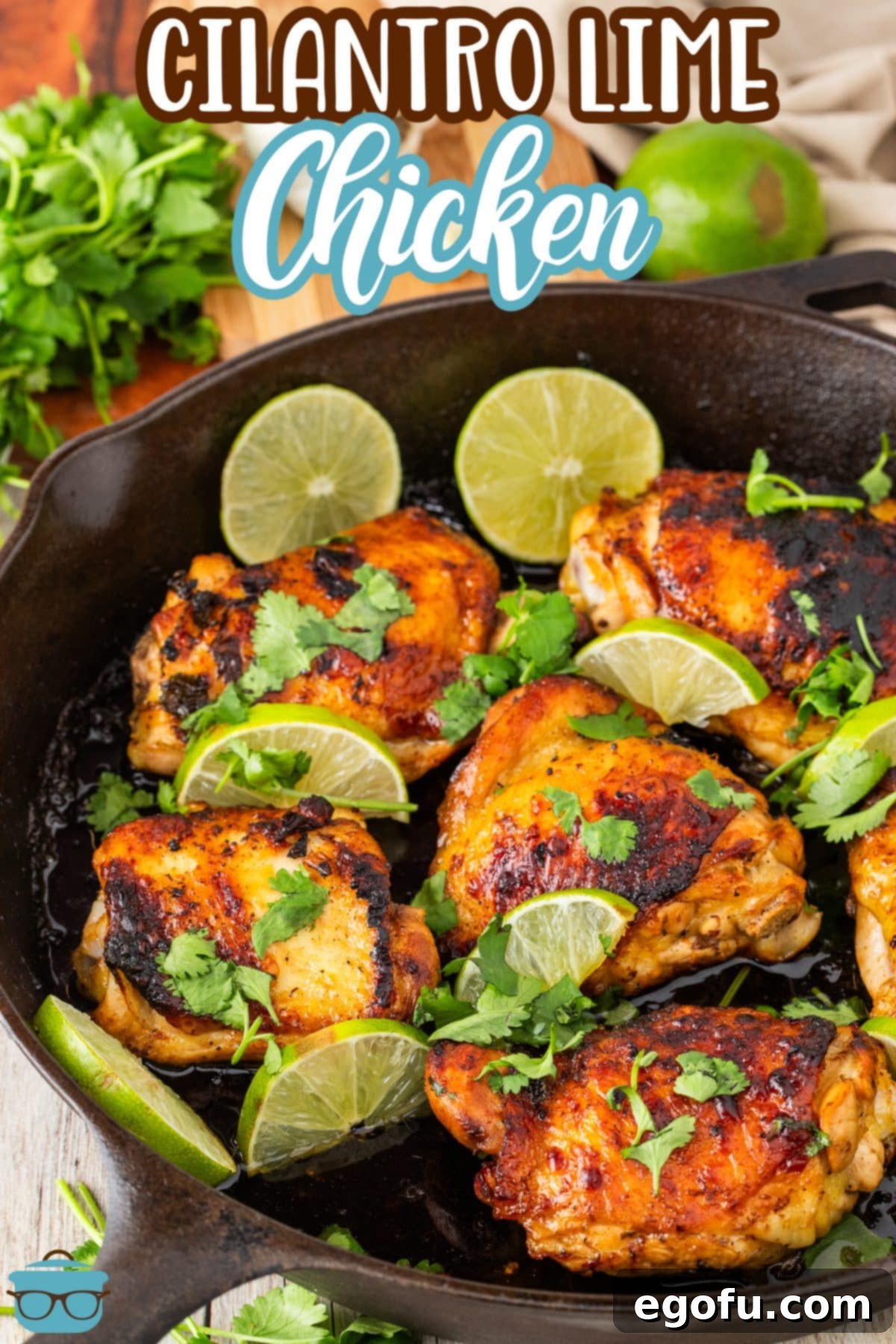 Zesty Cilantro-Lime Chicken 3 A skillet with Cilantro Lime Chicken with fresh lime slices and cilantro.