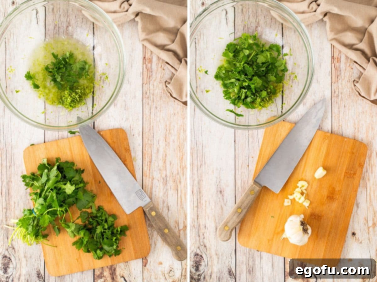 Zesty Cilantro-Lime Chicken 6 Chopped cilantro on a cutting board and some garlic being chopped up.