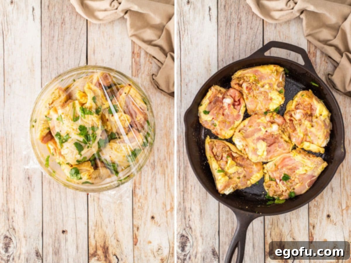 Zesty Cilantro-Lime Chicken 8 Chicken marinating in a bowl covered with plastic and marinated chicken in a cast iron skillet.