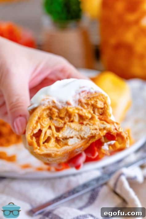 A hand presenting an open Chicken Chimichanga, showcasing the delicious filling inside and the crispy tortilla.