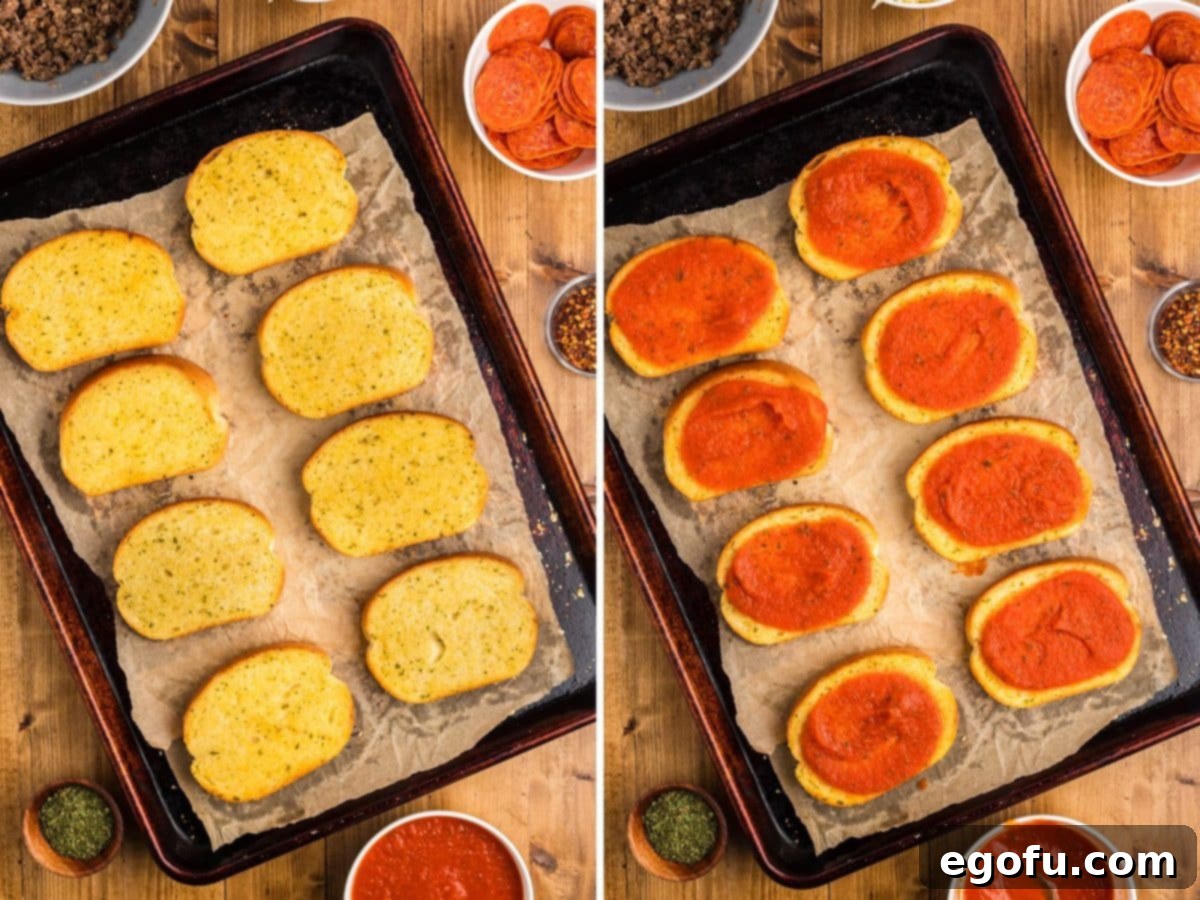Slices of plain Garlic Texas Toast next to slices with a layer of pizza sauce, all on a baking sheet.