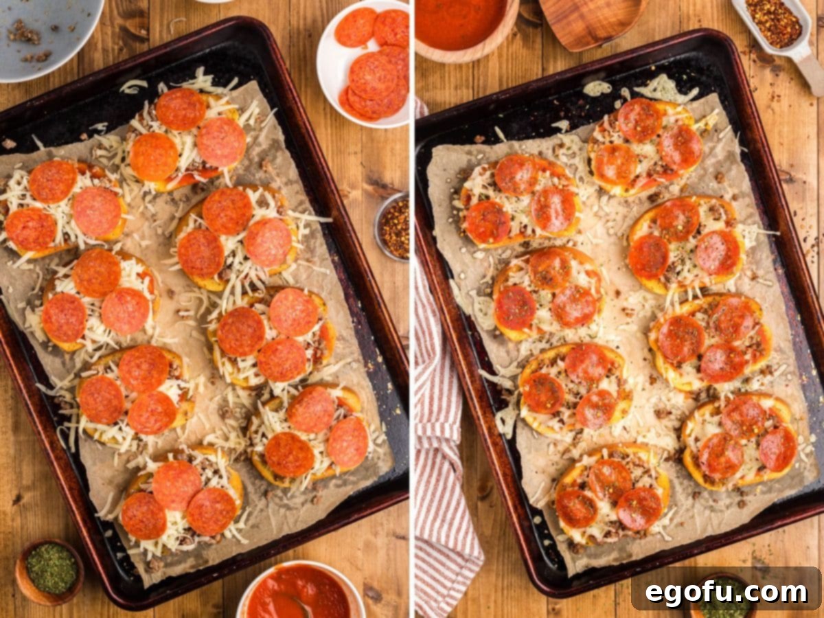 Pepperoni slices expertly placed on top of Texas Toast slices with other pizza toppings, alongside baked pizzas.