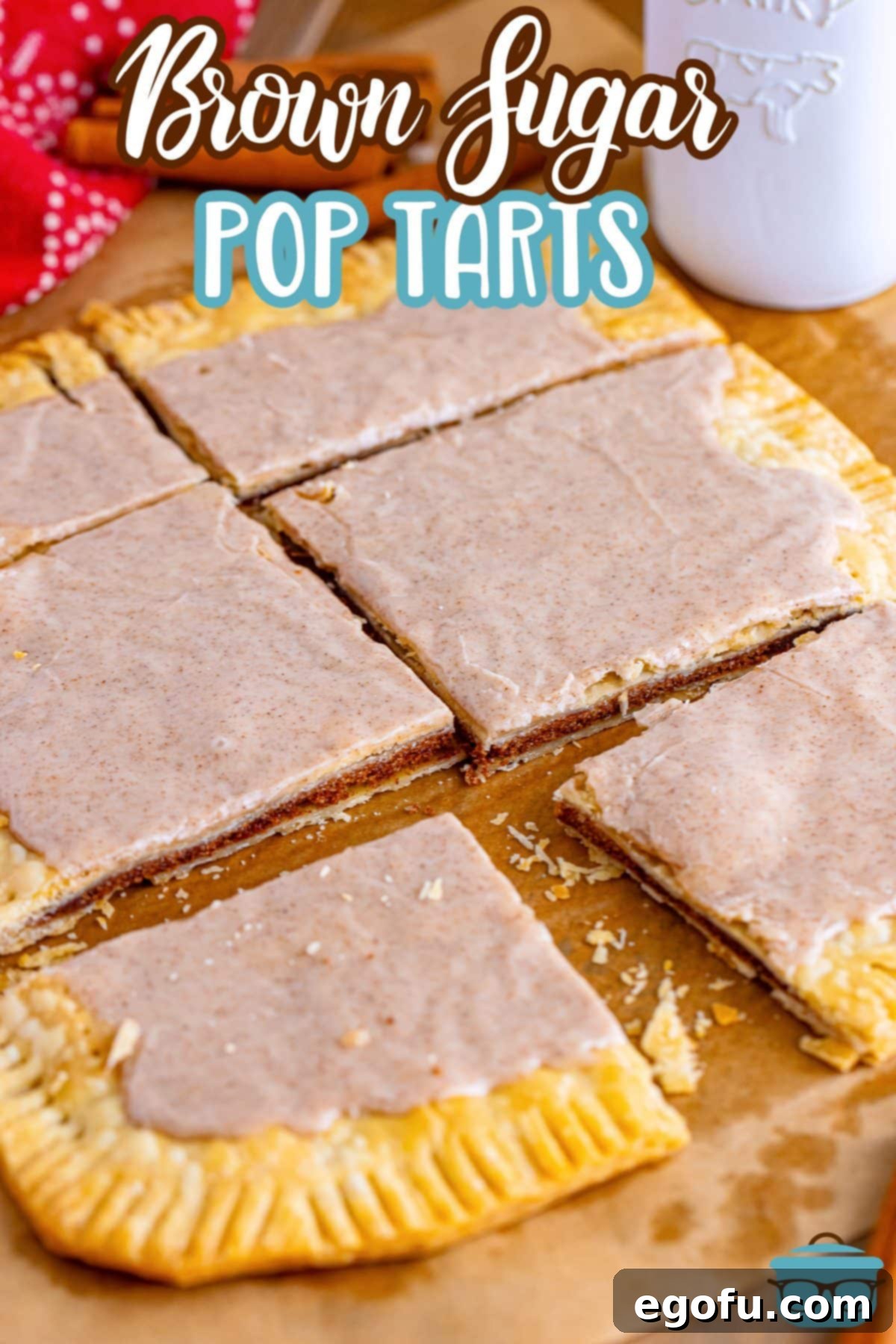 A few homemade Brown Sugar Pop Tarts, showcasing their golden crust and cinnamon glaze.
