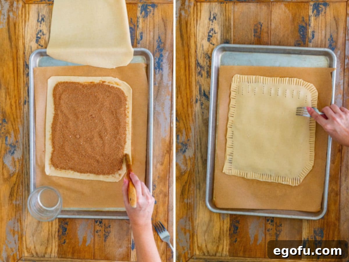 Trimmed pie crusts with brown sugar filling spread on one layer, leaving a border.