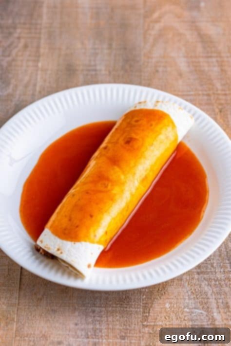 Rich enchilada sauce generously poured over a delectable, filled burrito.