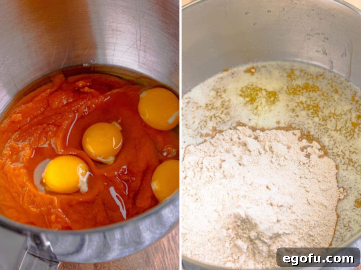 Decadent Pumpkin Pie Cake 5 A bowl containing a smooth mixture of pumpkin pie mix and eggs, ready for the next step in the cake preparation.