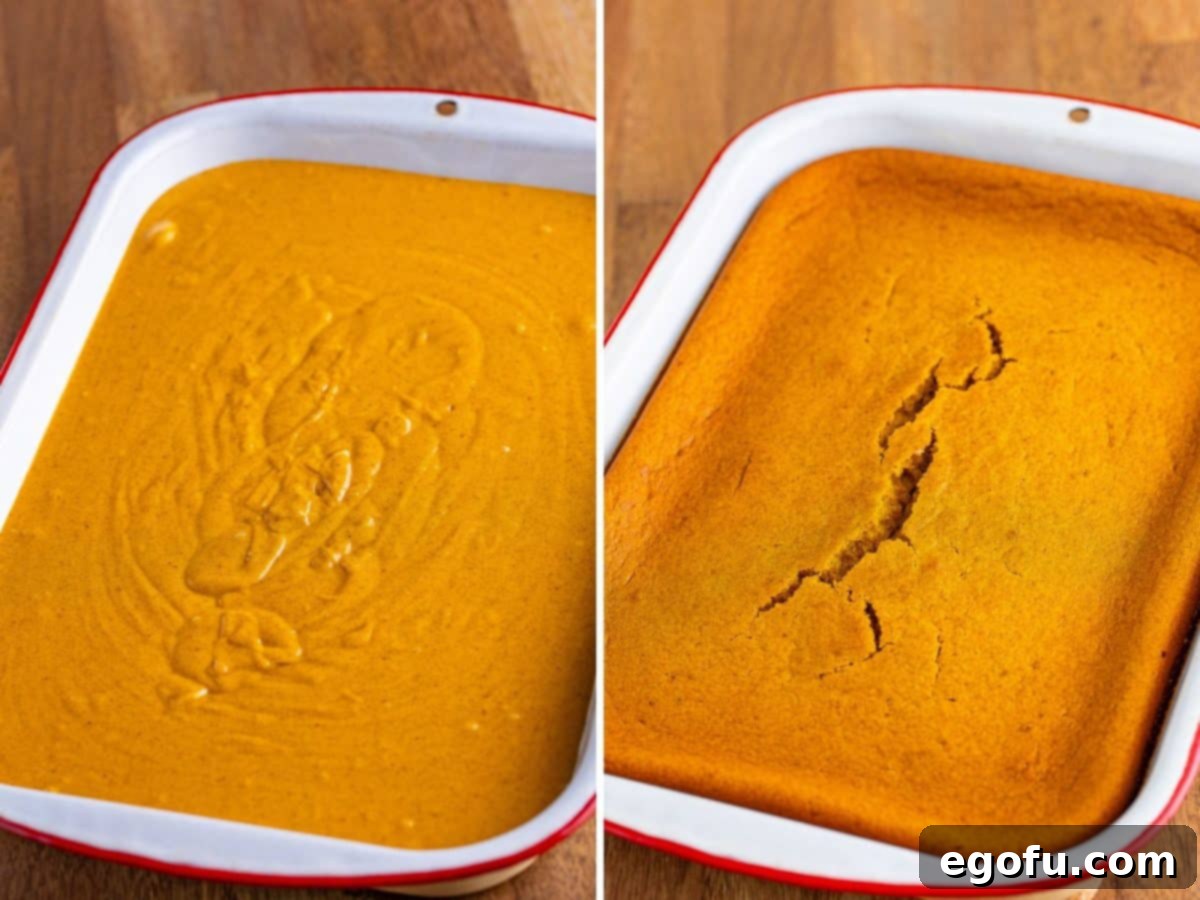 Decadent Pumpkin Pie Cake 6 Two sequential images showing the pumpkin pie cake: first, the raw batter spread evenly in a baking dish, and second, the golden-brown, perfectly baked cake fresh out of the oven.