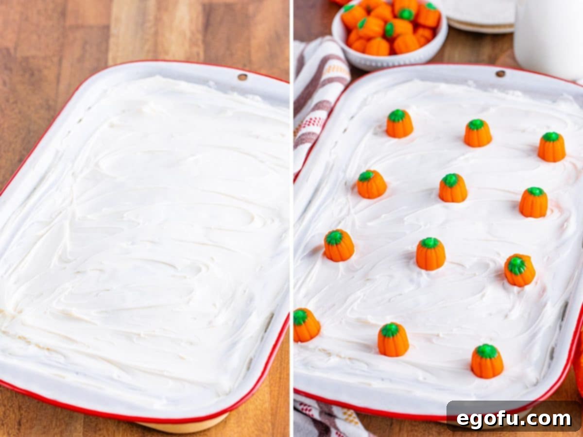 Decadent Pumpkin Pie Cake 7 Two images showcasing the frosted Pumpkin Pie Cake: one with a smooth layer of vanilla frosting, and the other with additional festive candy corn pumpkins for decoration.