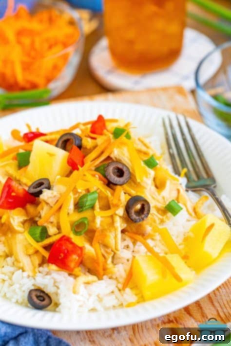 Island Topping Towers 11 A dinner plate of Hawaiian Haystacks fully assembled with a fork, ready to enjoy.