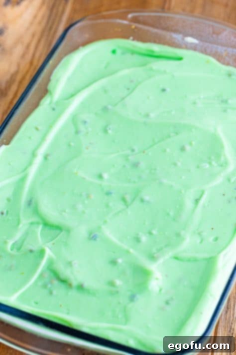 Pistachio pudding layer in a dessert pan.