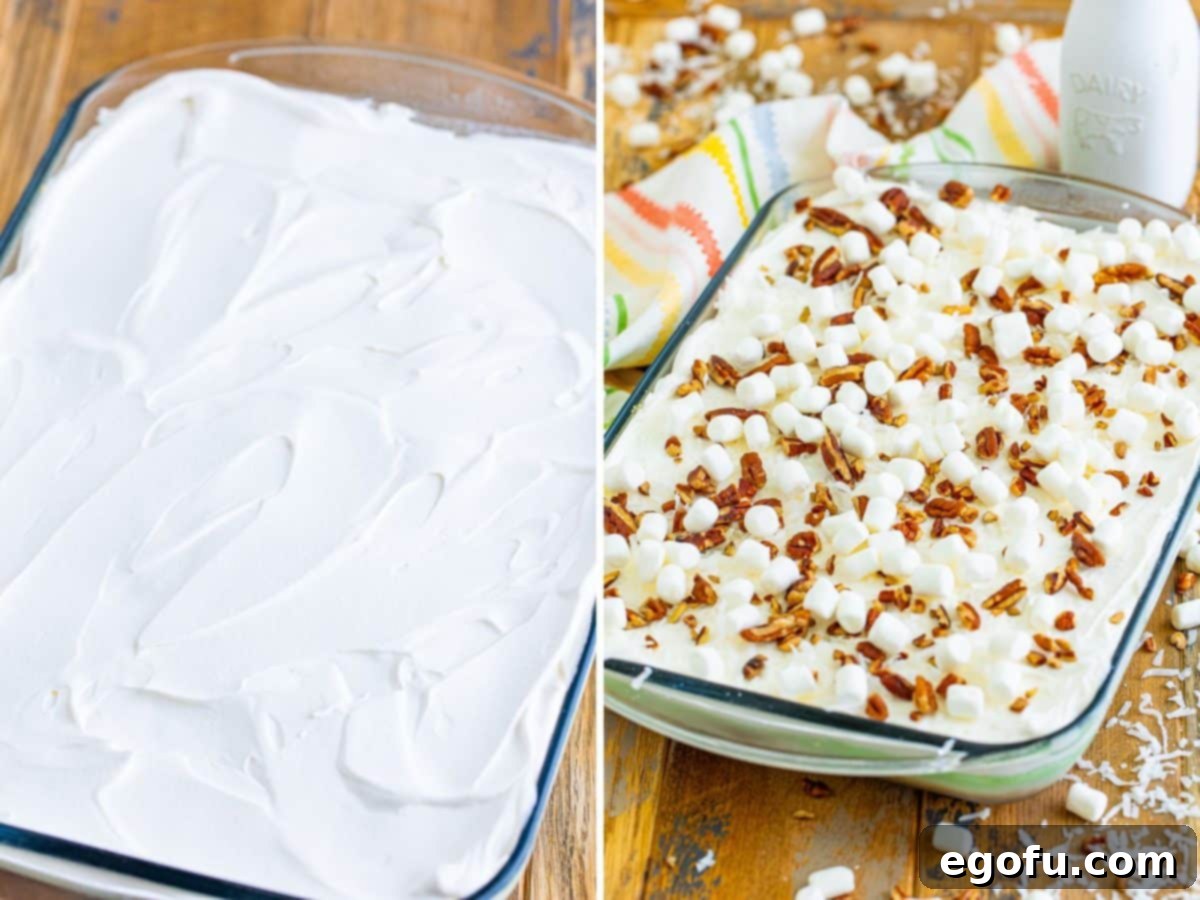 A layered Pistachio Delight dessert, showing the distinct whipped cream layer on top, followed by an image of the dessert fully adorned with optional toppings like nuts and marshmallows.