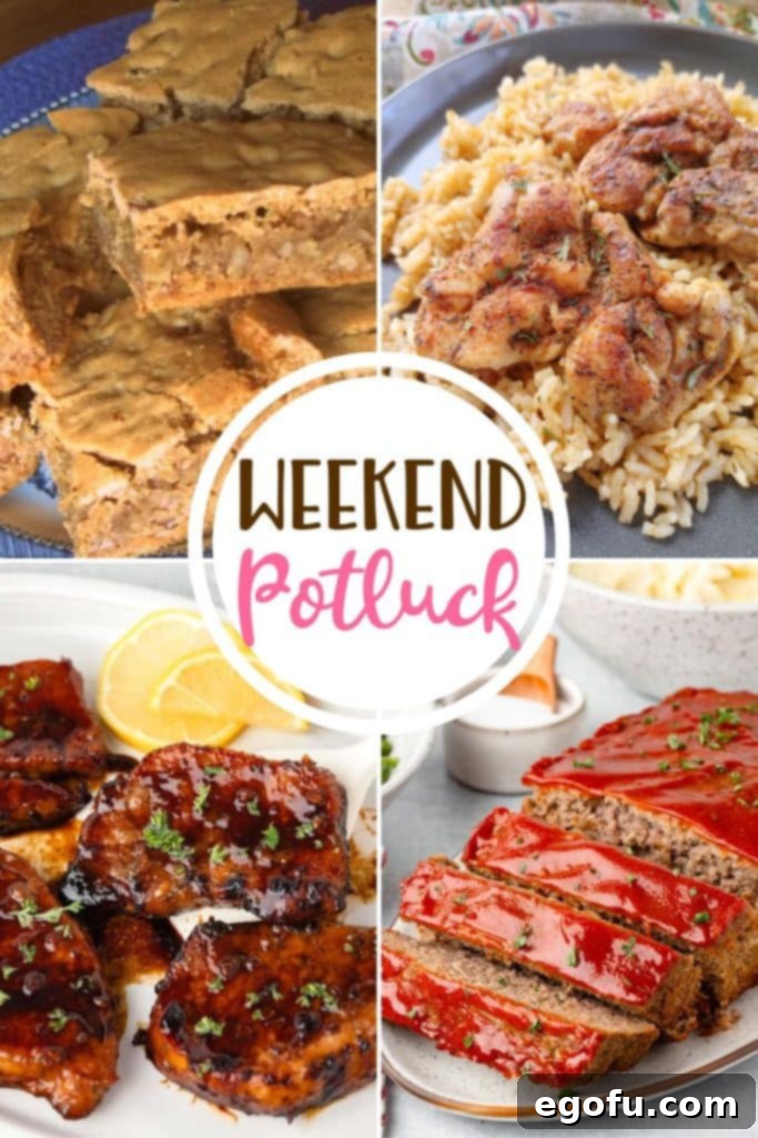 Weekend Potluck featured recipes include: Southern Pecan Chewies, Lipton Onion Soup Meatloaf, Honey Glazed Pork Chops, and Baked Chicken and Rice – a collection of comfort food and sweet treats.
