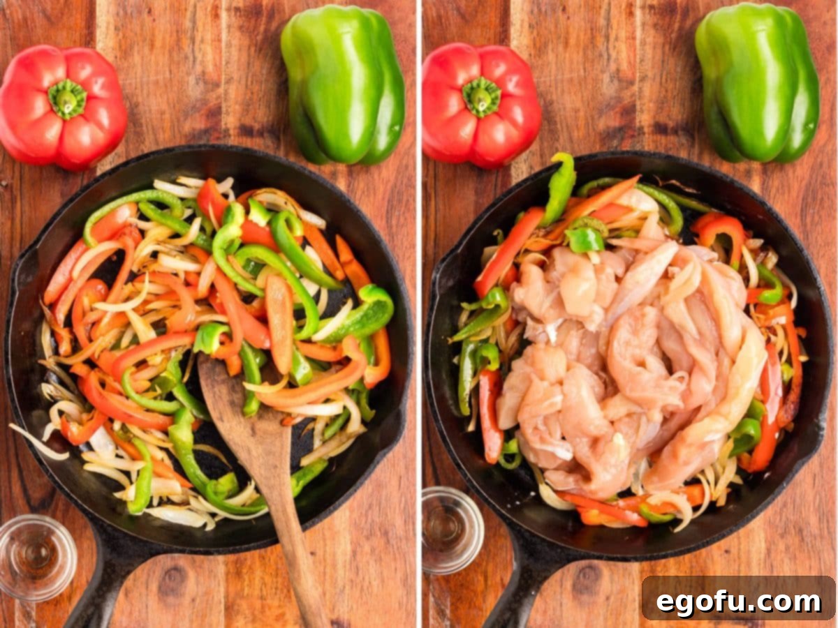 Effortless Arroz con Pollo 5 A skillet filled with colorful bell peppers and onions sizzling, beginning to soften.