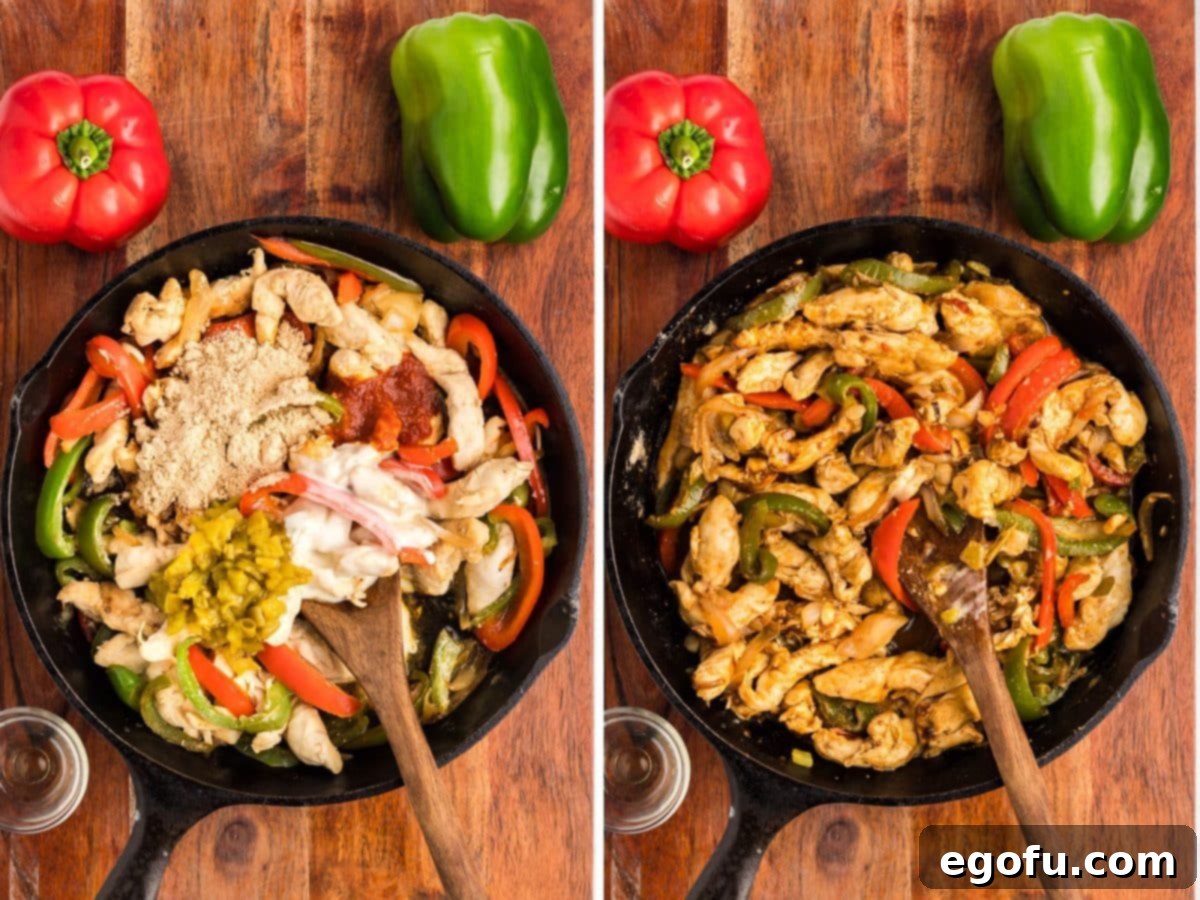 Effortless Arroz con Pollo 6 A skillet containing a mixture of chicken, bell peppers, and onions, all cooking together.