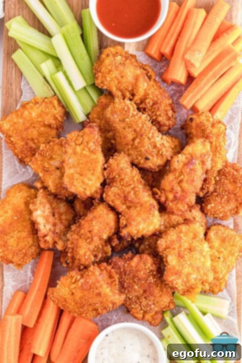 Looking down on a platter of Boneless Chicken Wings on a pile of carrot and celery sticks.