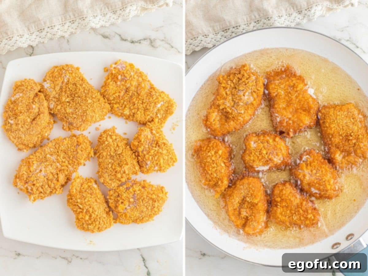 Coated chicken on a plate and chicken being fried in a pan of oil.