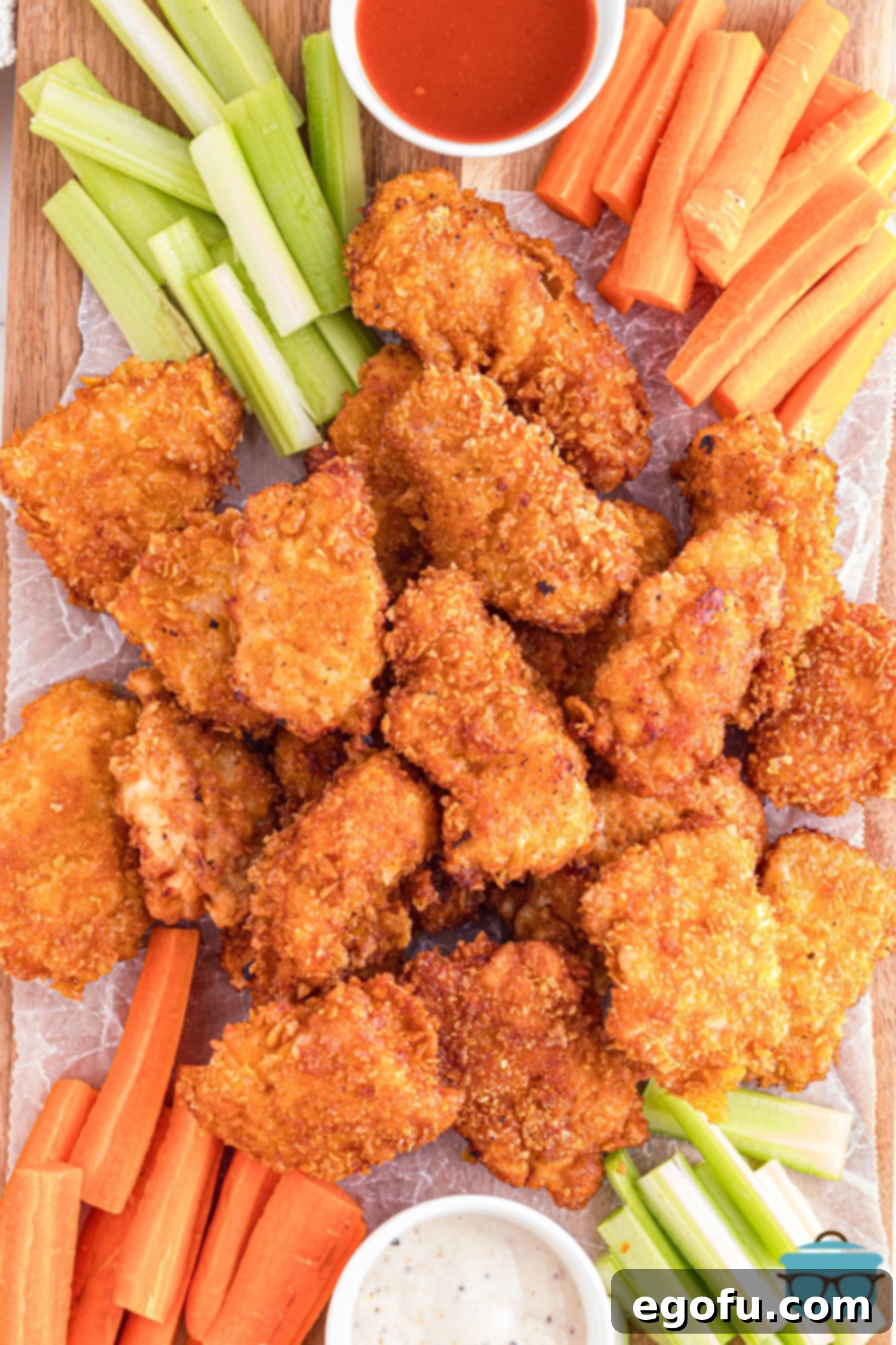 Looking down on a platter of Boneless Chicken Wings on a pile of carrot and celery sticks.