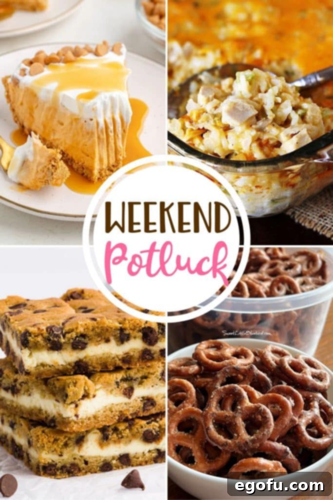 A vibrant collage of featured potluck recipes: No Bake Butterscotch Pie, Creamy Chicken Rice Casserole, Chocolate Chip Cheesecake Bars, and Spicy Ranch Pretzels, ready for discovery.