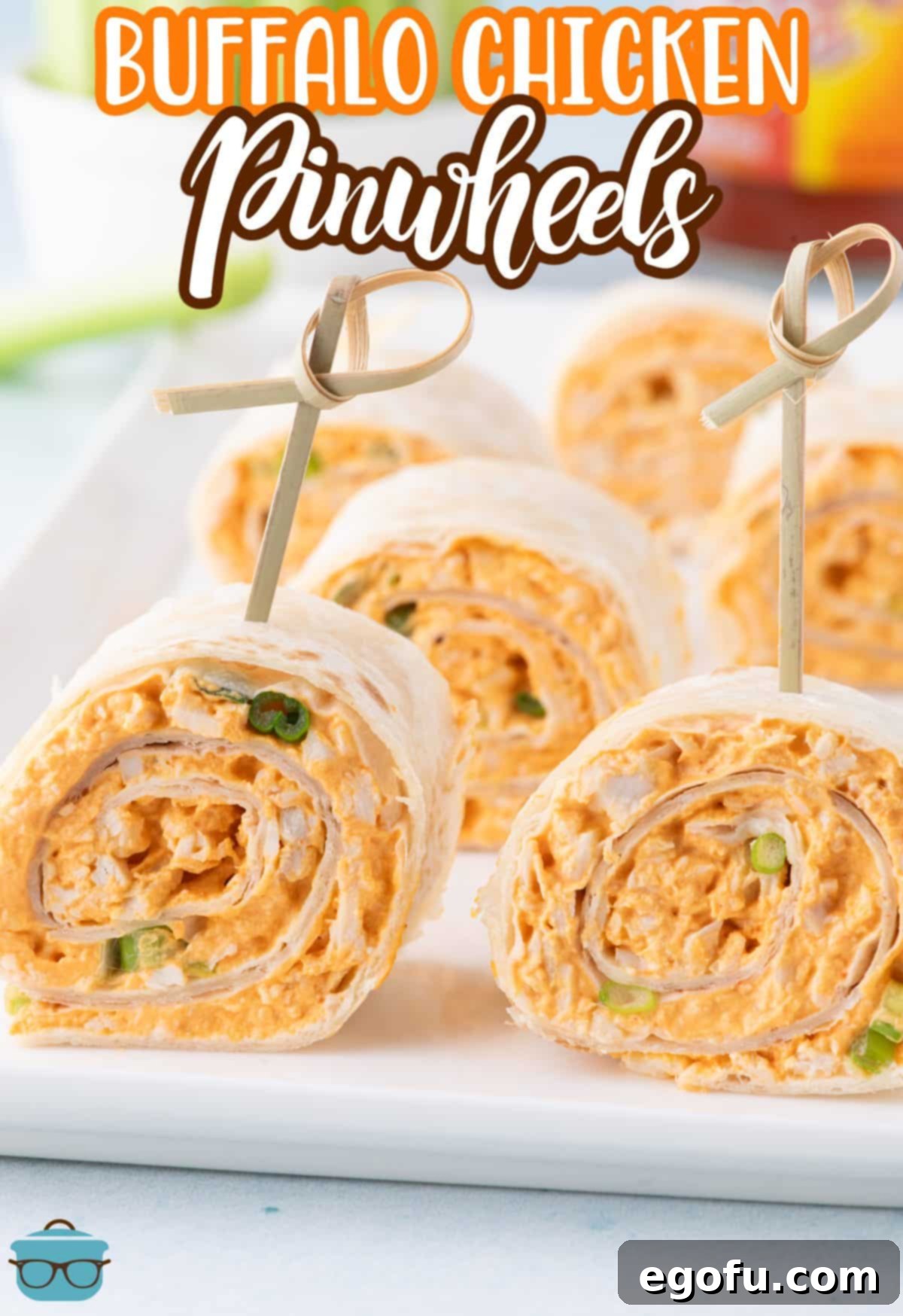 A serving tray with Buffalo Chicken Pinwheels.