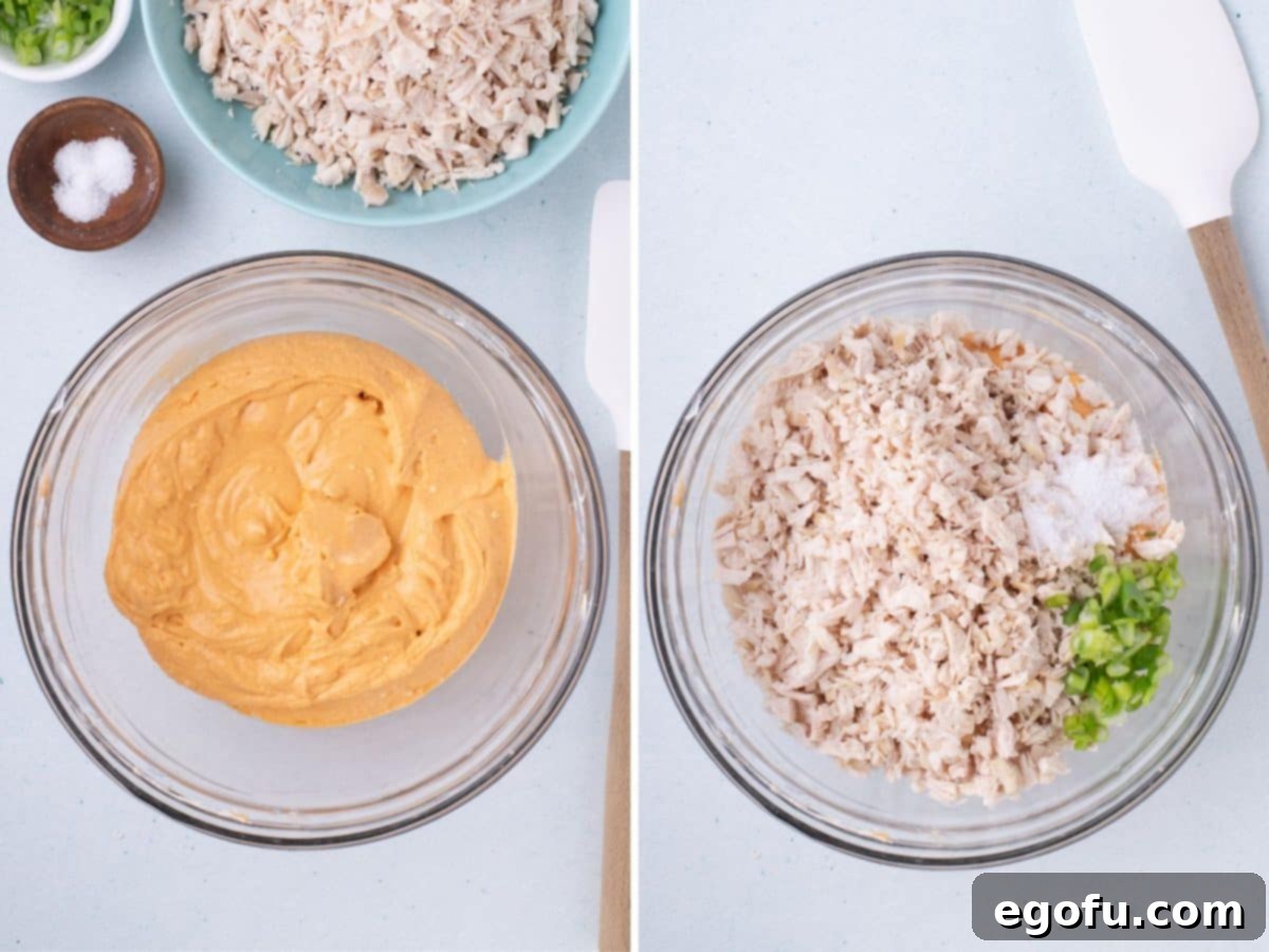 Buffalo, hot sauce, chicken, green onions, and lemon juice being added to make a buffalo chicken mixture.