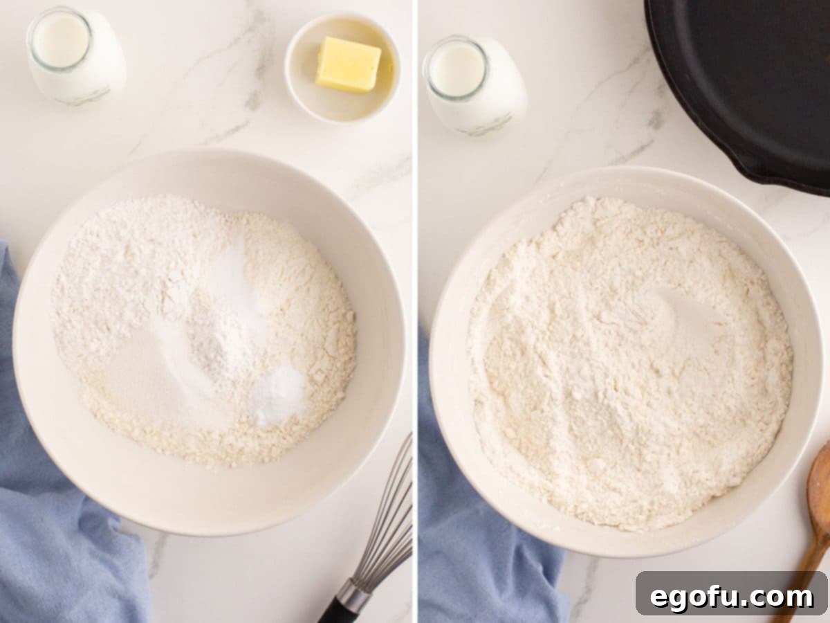 Celtic Loaf 5 A pristine white bowl containing the perfectly blended dry ingredients for Irish Soda Bread: all-purpose flour, cake flour, sugar, baking soda, cream of tartar, and salt, ready for the next step.