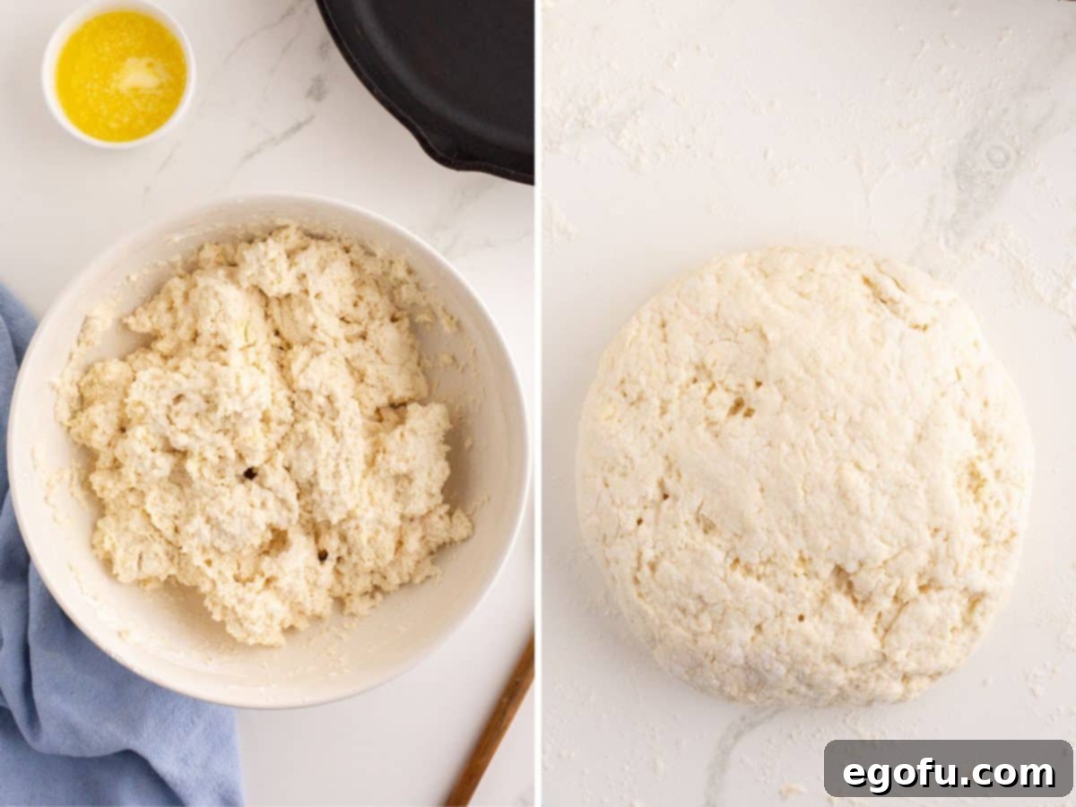 Celtic Loaf 6 Two distinct stages of Irish Soda Bread dough preparation: first, the shaggy mixture in a mixing bowl after butter and buttermilk are combined, and second, the dough gently formed into a rough 6-inch round on a lightly floured surface, ready for the cast iron skillet.