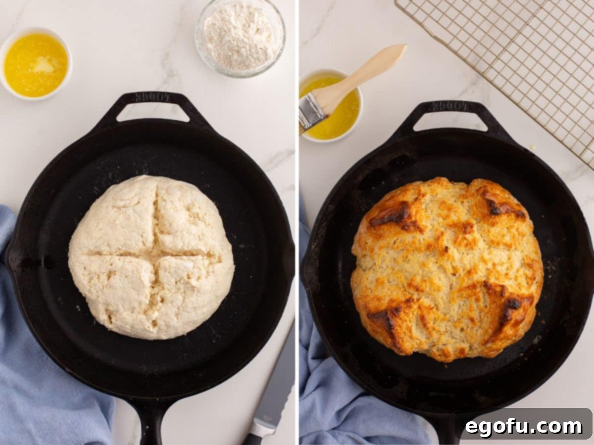 Celtic Loaf 7 A visual progression of Irish Soda Bread: an unbaked, perfectly scored loaf awaiting the oven in a cast iron skillet, and next to it, the same loaf after baking, showcasing a deep golden-brown, invitingly crusty finish.