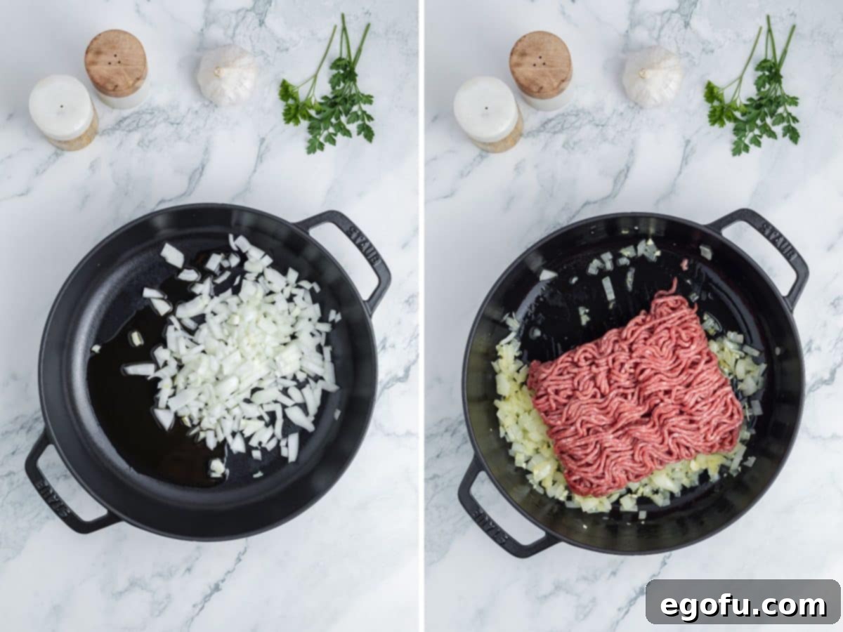 A skillet with diced onions and one with diced onions, garlic, and ground beef. 