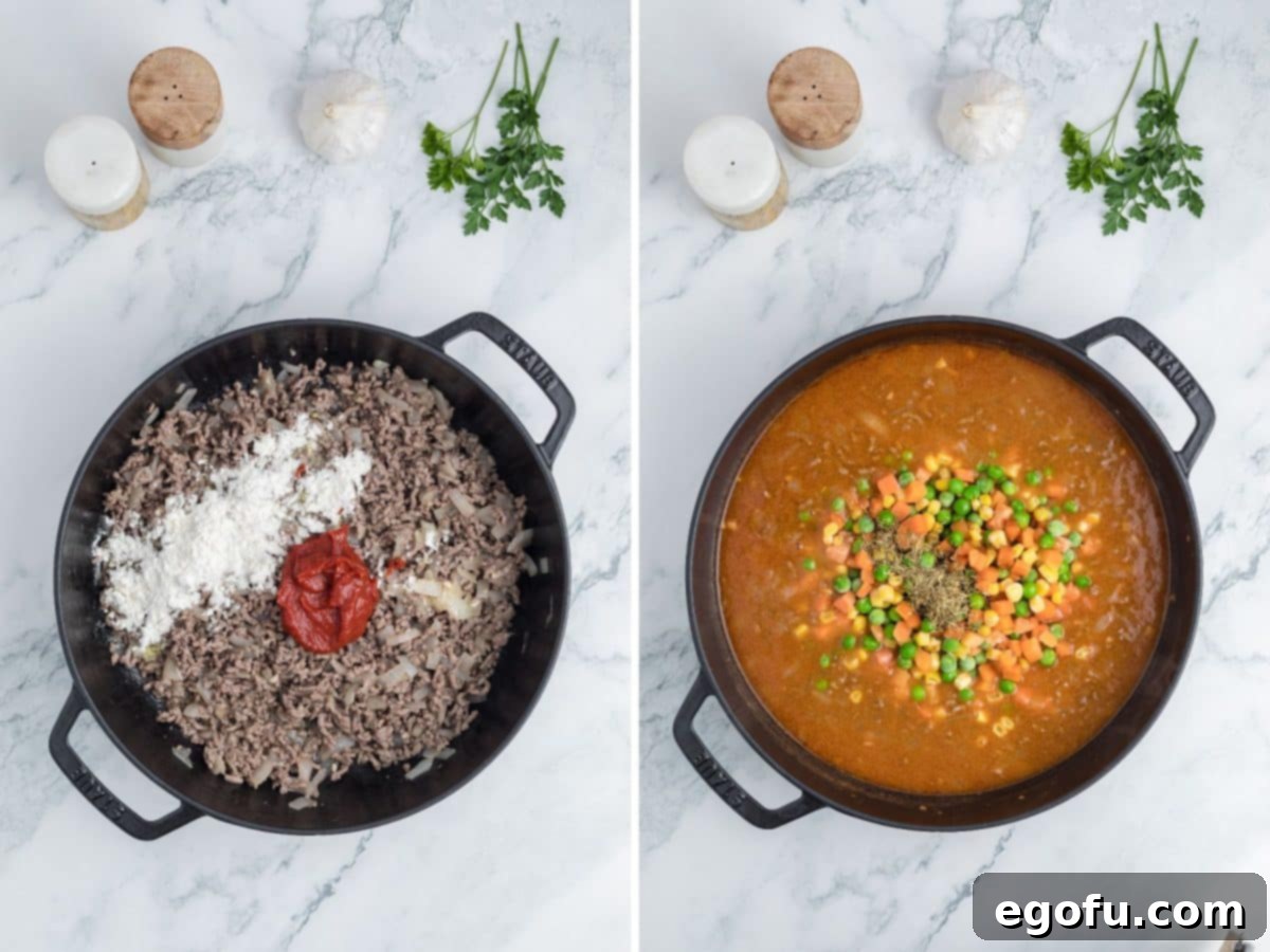 Tomato paste and flour added to a beef mixture in a skillet and a skillet with shepherds pie filling in it.
