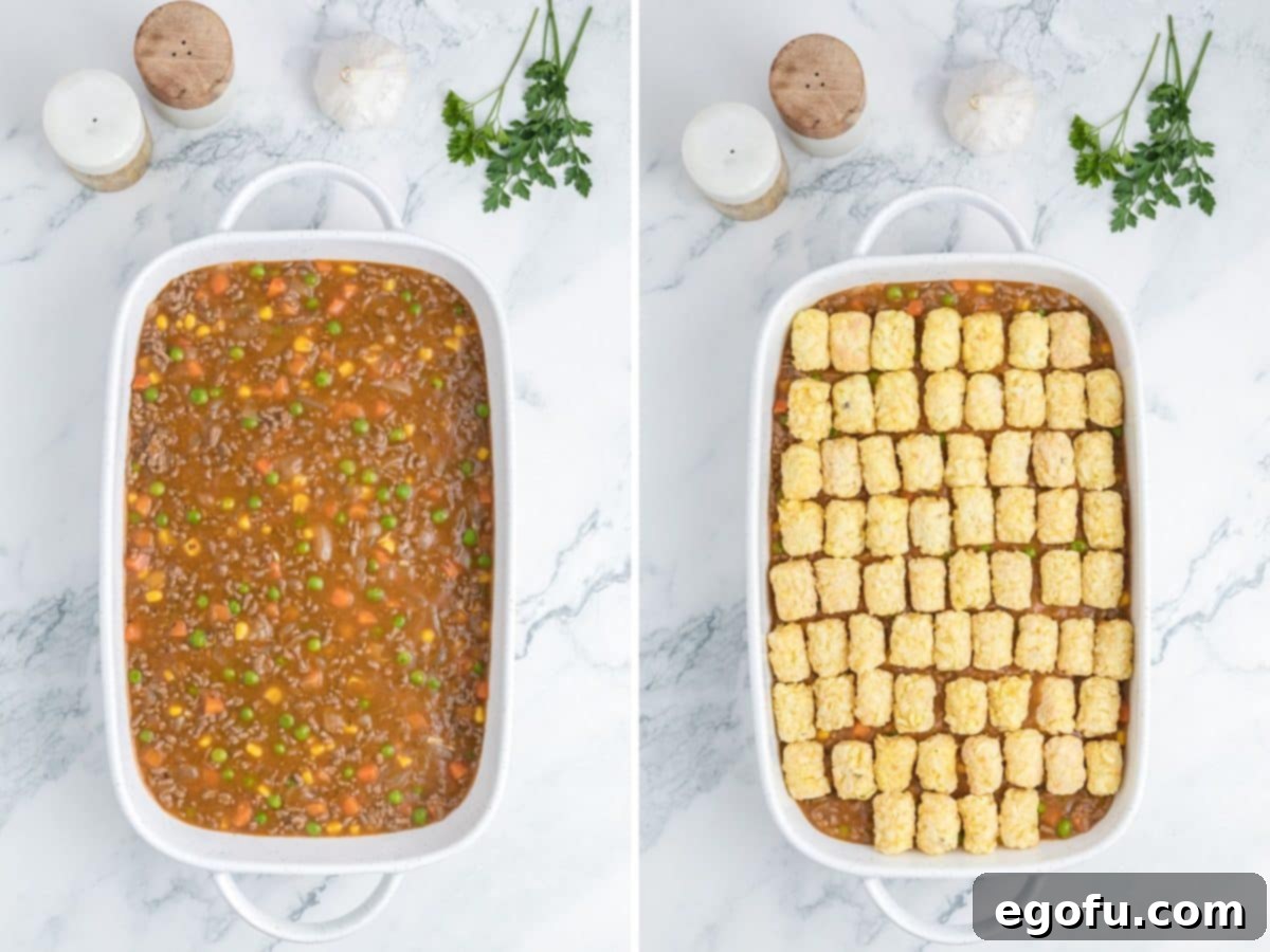 Beef mixture in a baking dish then topped with tater tots.