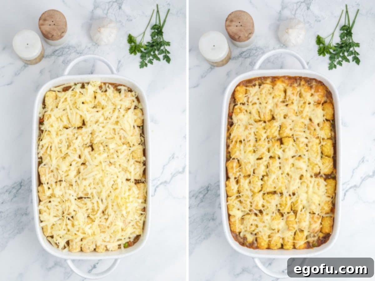 Shredded cheese over top of tater tos and a baked Shepherd's pie tater tot casserole.