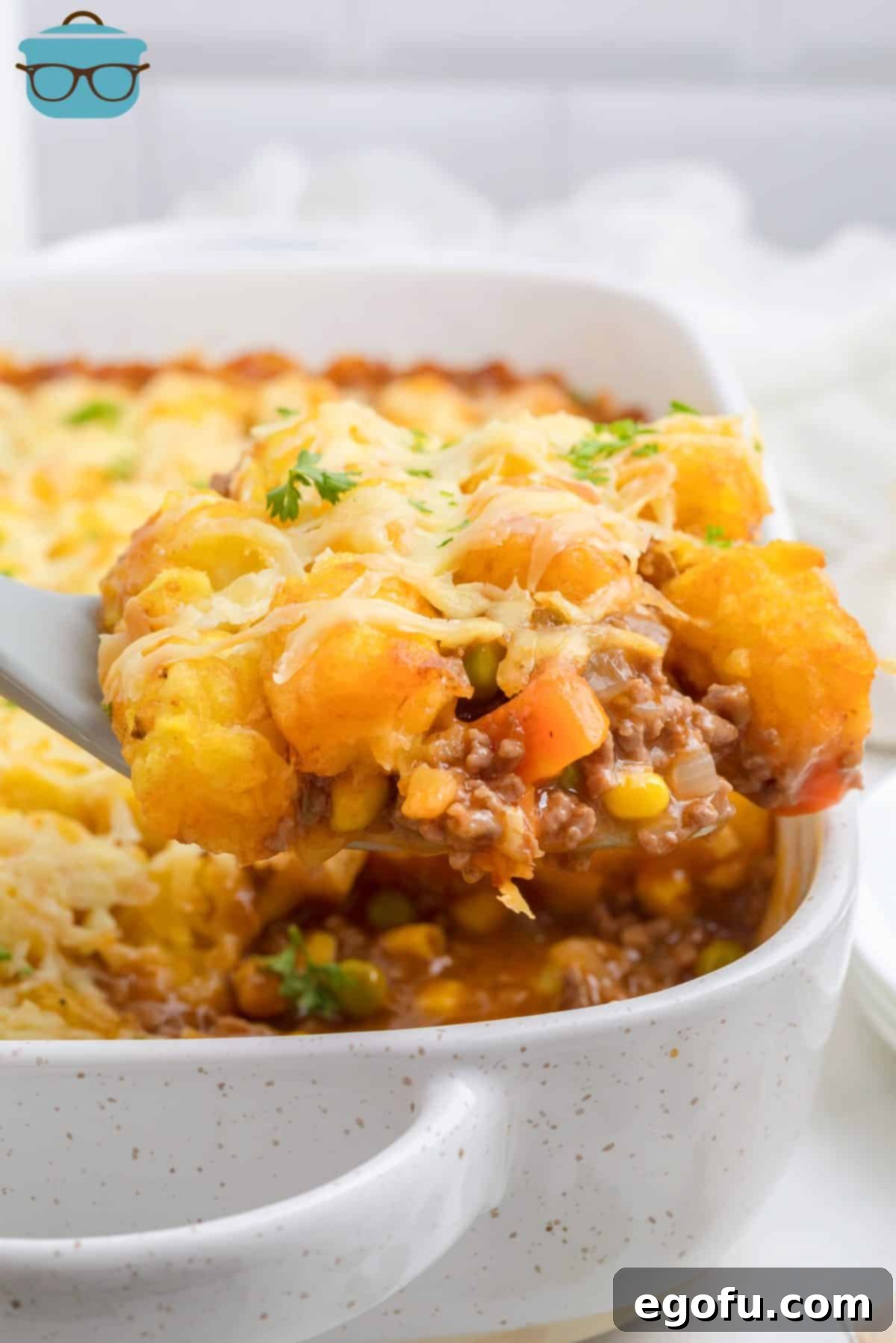 A baking dish full of Shepherd's Pie Tater Tot Casserole.