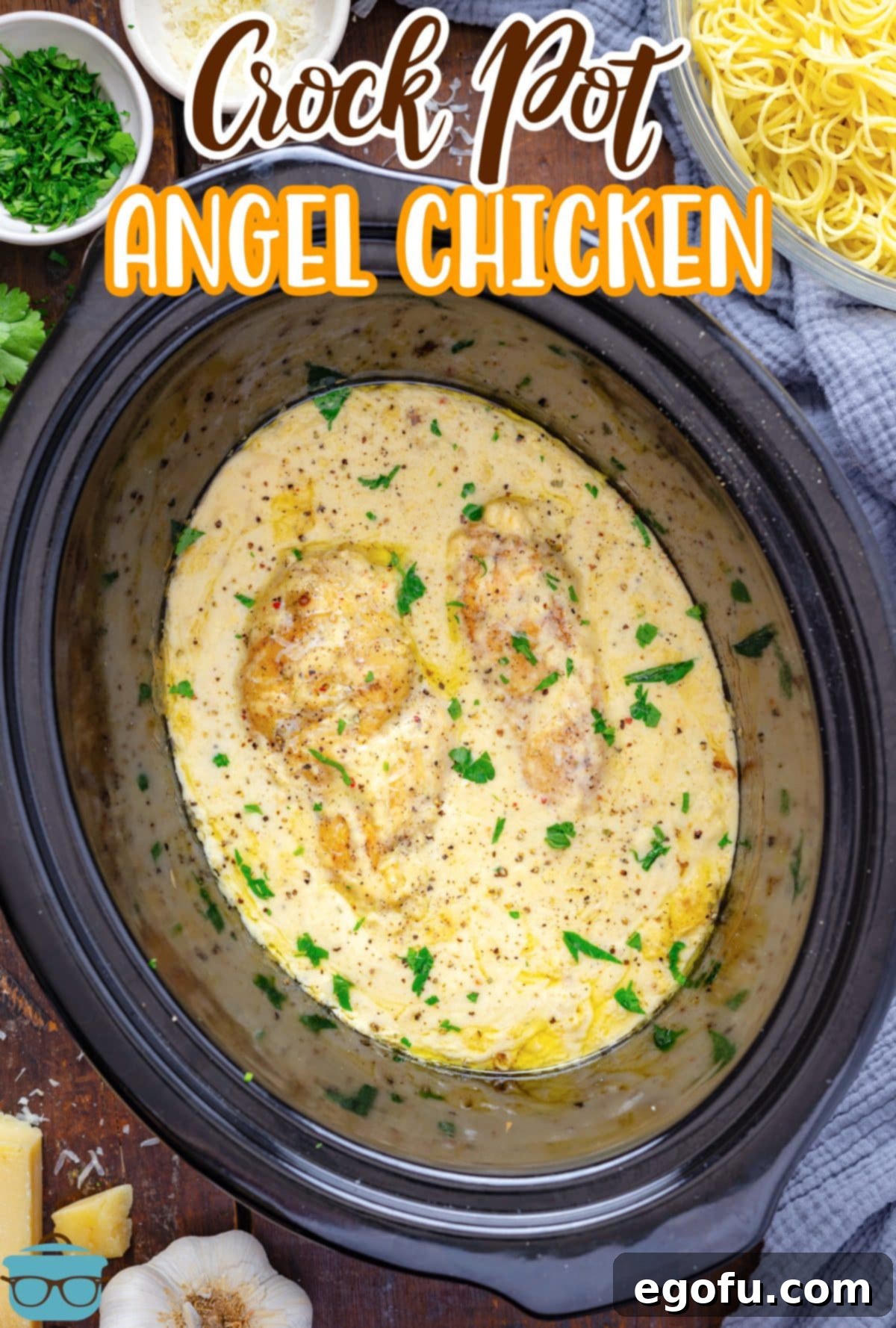 Effortless Slow Cooker Angel Chicken 3 Looking down on a Crock Pot with creamy Angel Chicken.