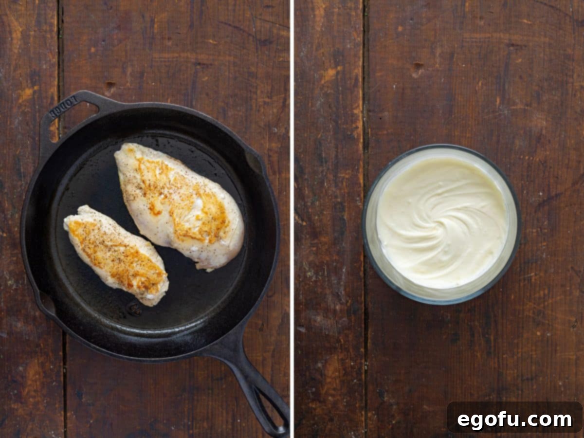 Effortless Slow Cooker Angel Chicken 5 Chicken breasts in a skillet and a bowl of softened cream cheese and butter.