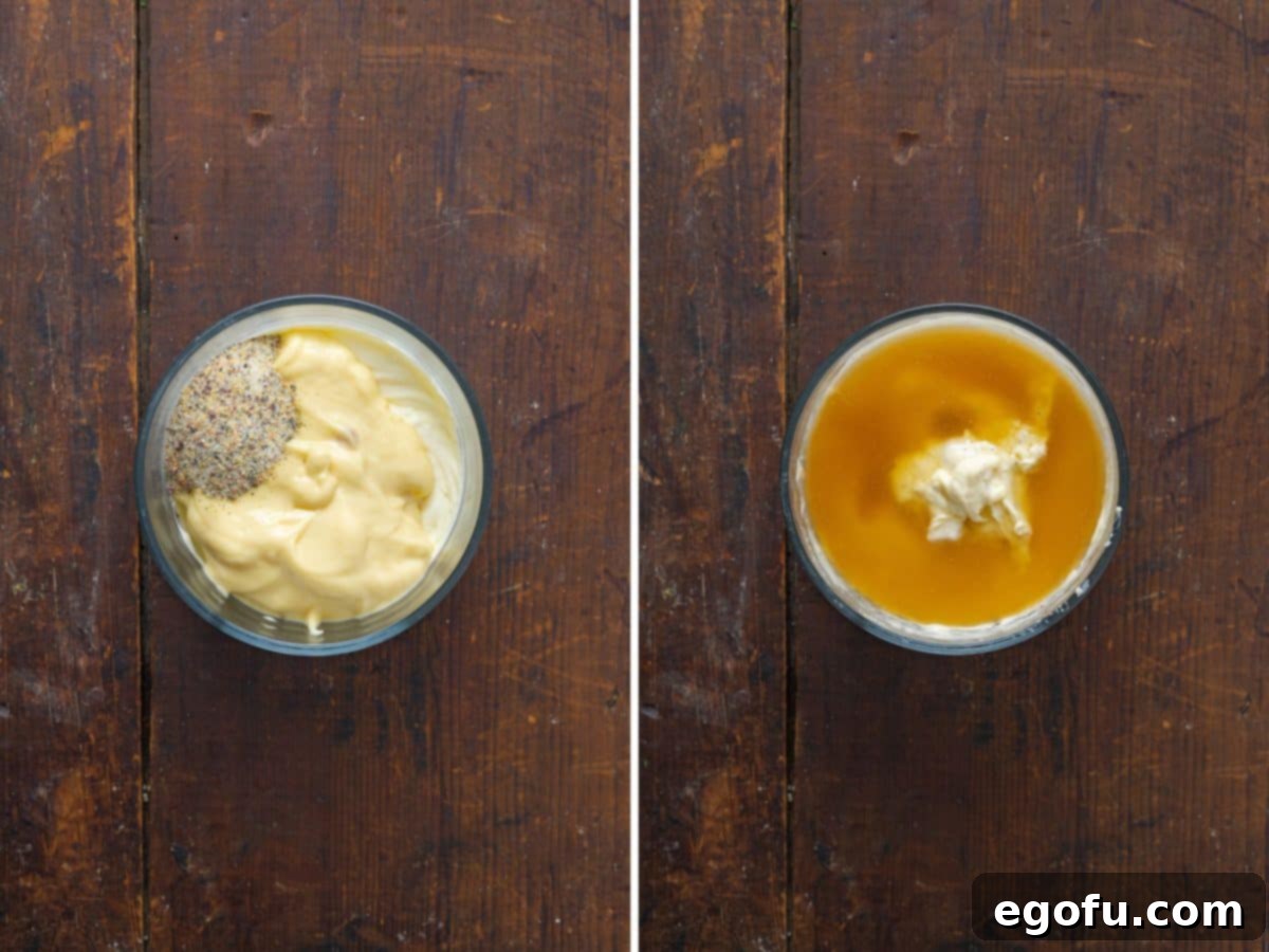 Effortless Slow Cooker Angel Chicken 6 A bowl with cream cheese, butter, cream of chicken soup, garlic, chicken stock and the dry salad dressing mix being mixed together.