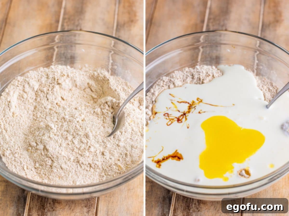 Ireland's Beloved Brown Loaf 5 A step-by-step image showing the dry ingredients mixed in a bowl, followed by the addition of wet ingredients, illustrating the process of making Irish Brown Bread dough.