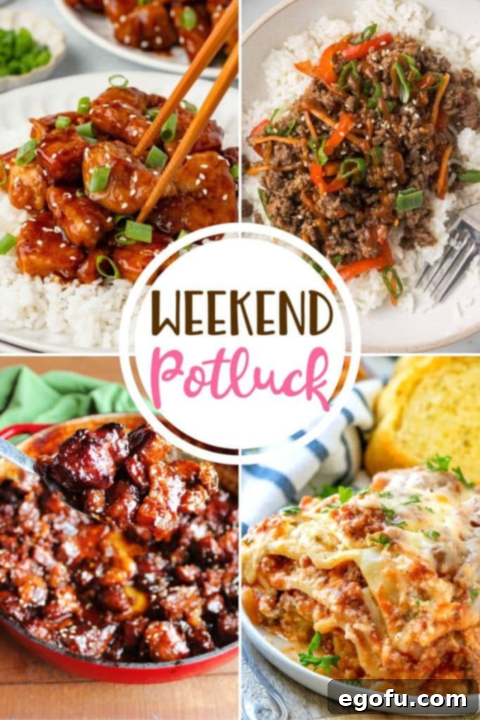 Weekend Potluck featured recipes include: Crispy Honey Sesame Chicken, Ground Beef Teriyaki Bowls, Roasted Honey Garlic Pork and Crock Pot Lasagna.