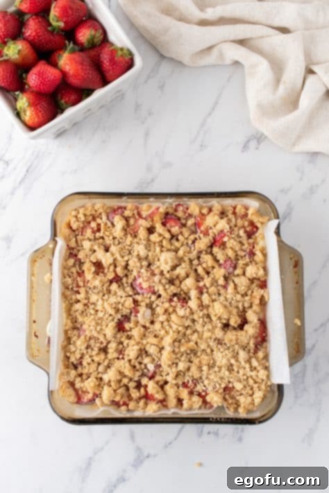 Luscious Strawberry Crumble Cheesecake Squares 11 The luscious layers of strawberry crumble cheesecake, topped with a golden crumble mixture, in a baking pan before going into the oven.