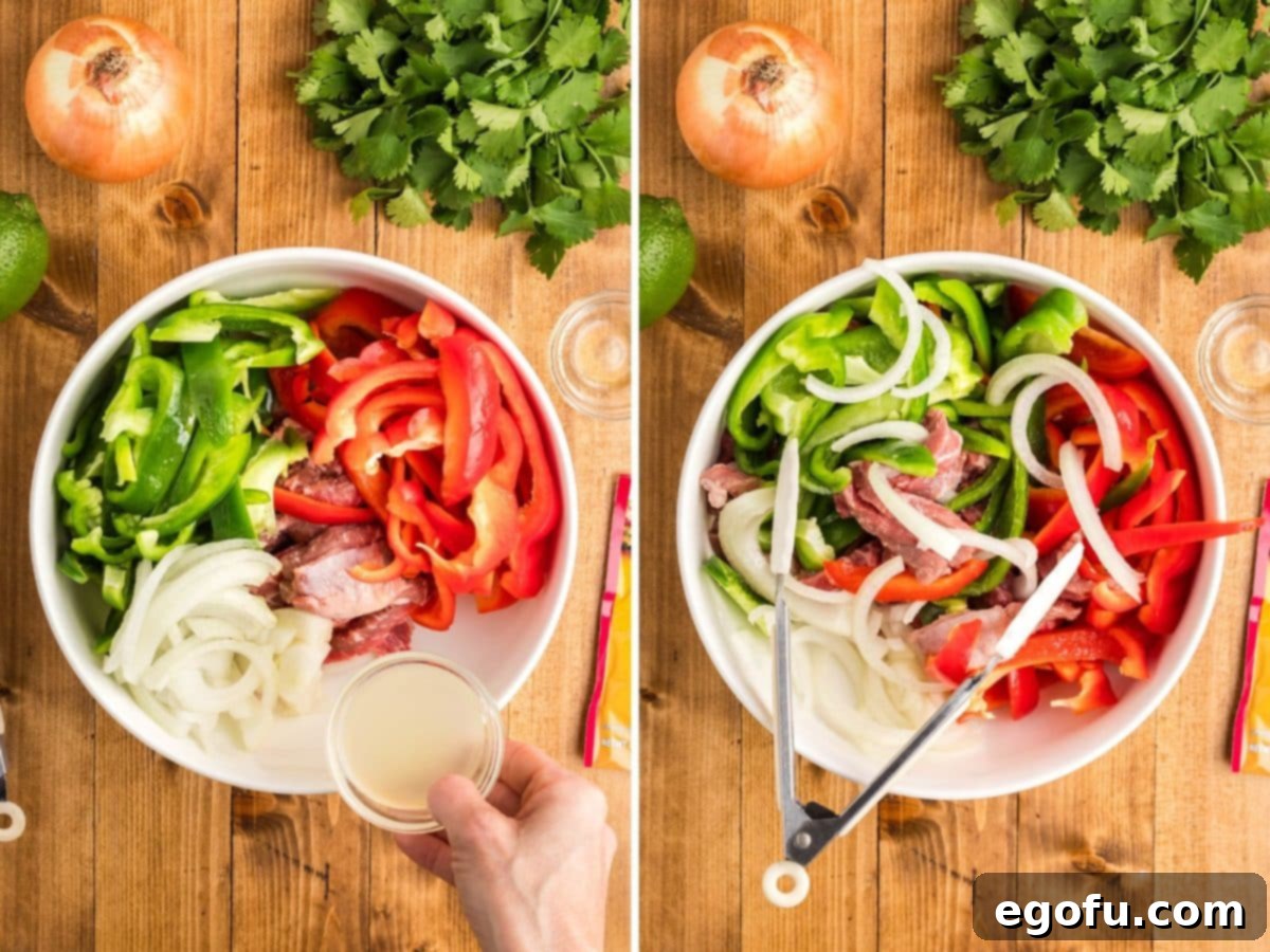 A bowl of steak, peppers, onion, avocado oil, and lime juice.