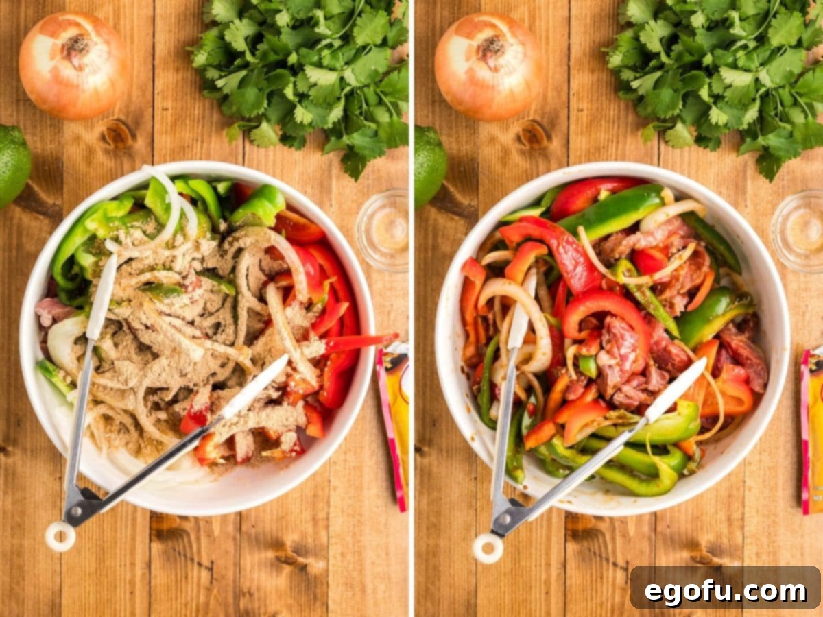 Fajita seasoning added to steak, peppers, onion, avocado oil, and lime juice.