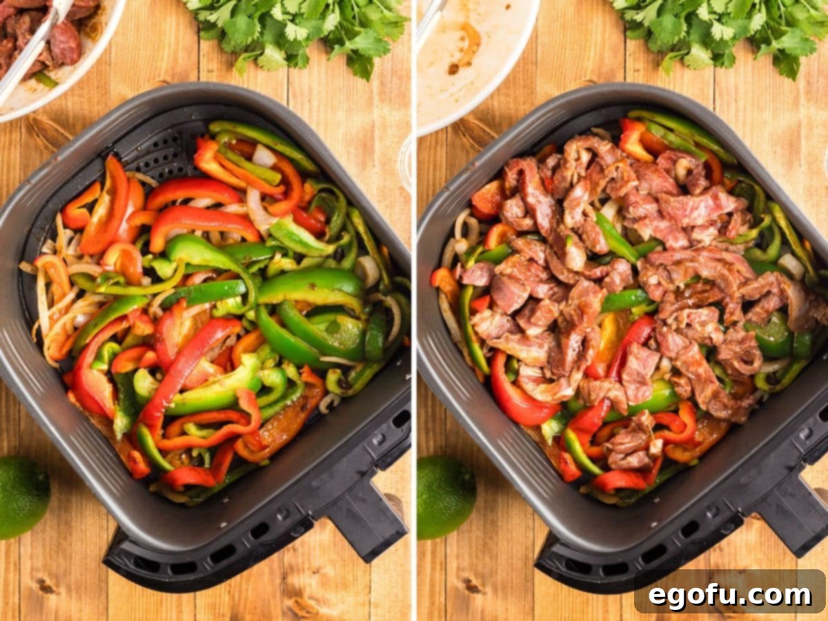 Uncooked and cooked steak fajitas in an Air Fryer basket.