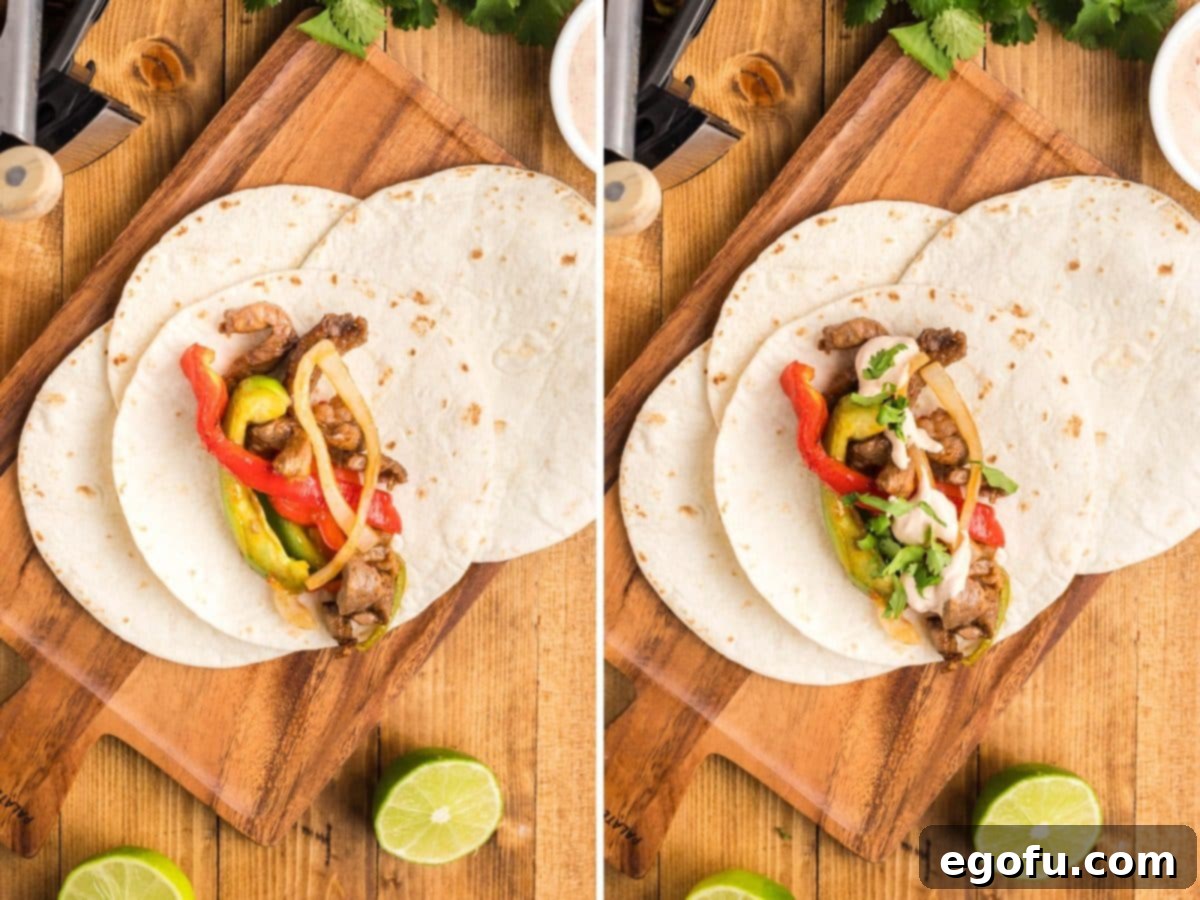 Soft shells with beef, peppers, onions, and sauce.