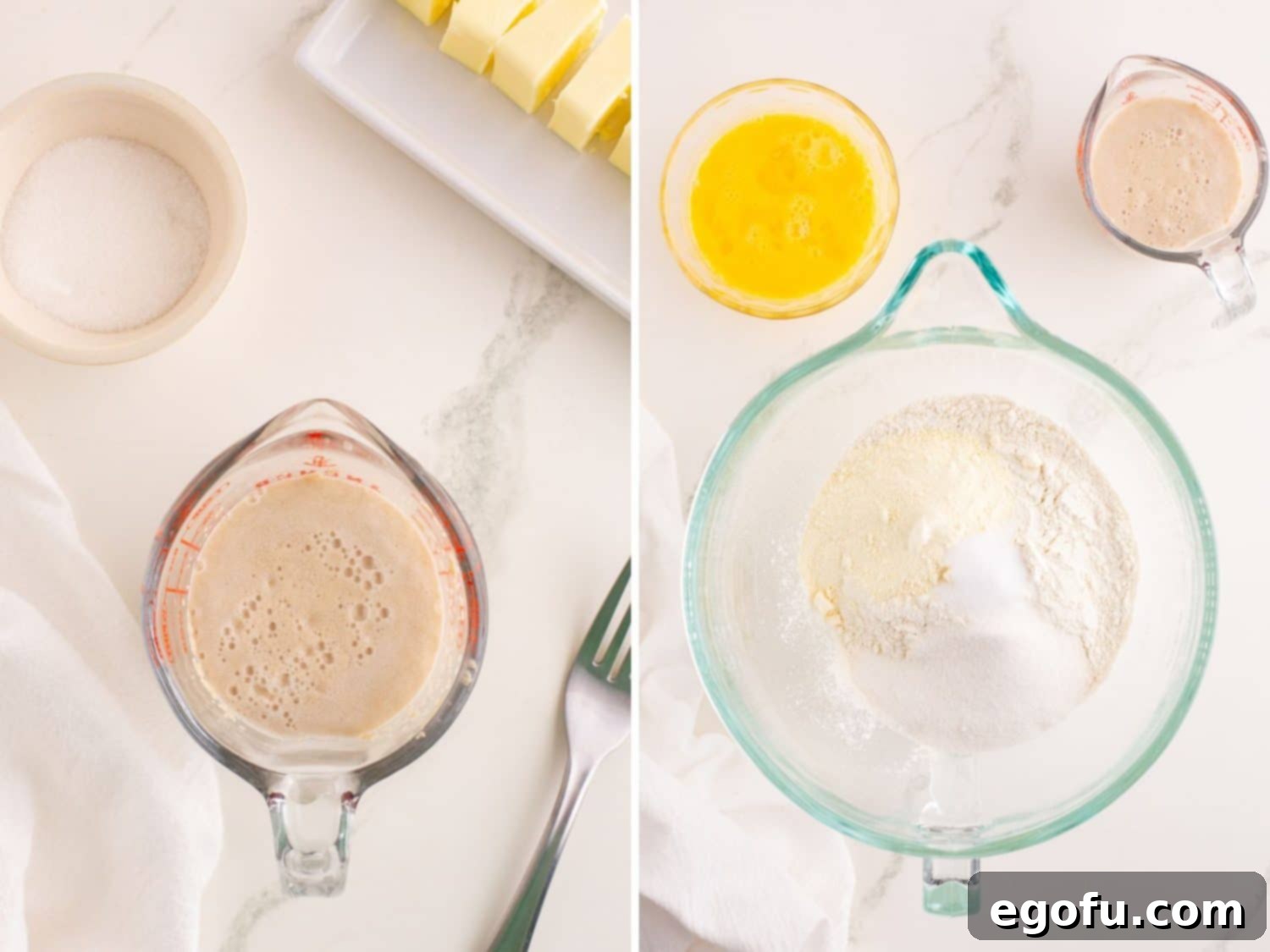 Golden Buttery Brioche Buns Fresh From Your Oven 5 A measuring cup showing activating yeast, forming a foamy layer on top.