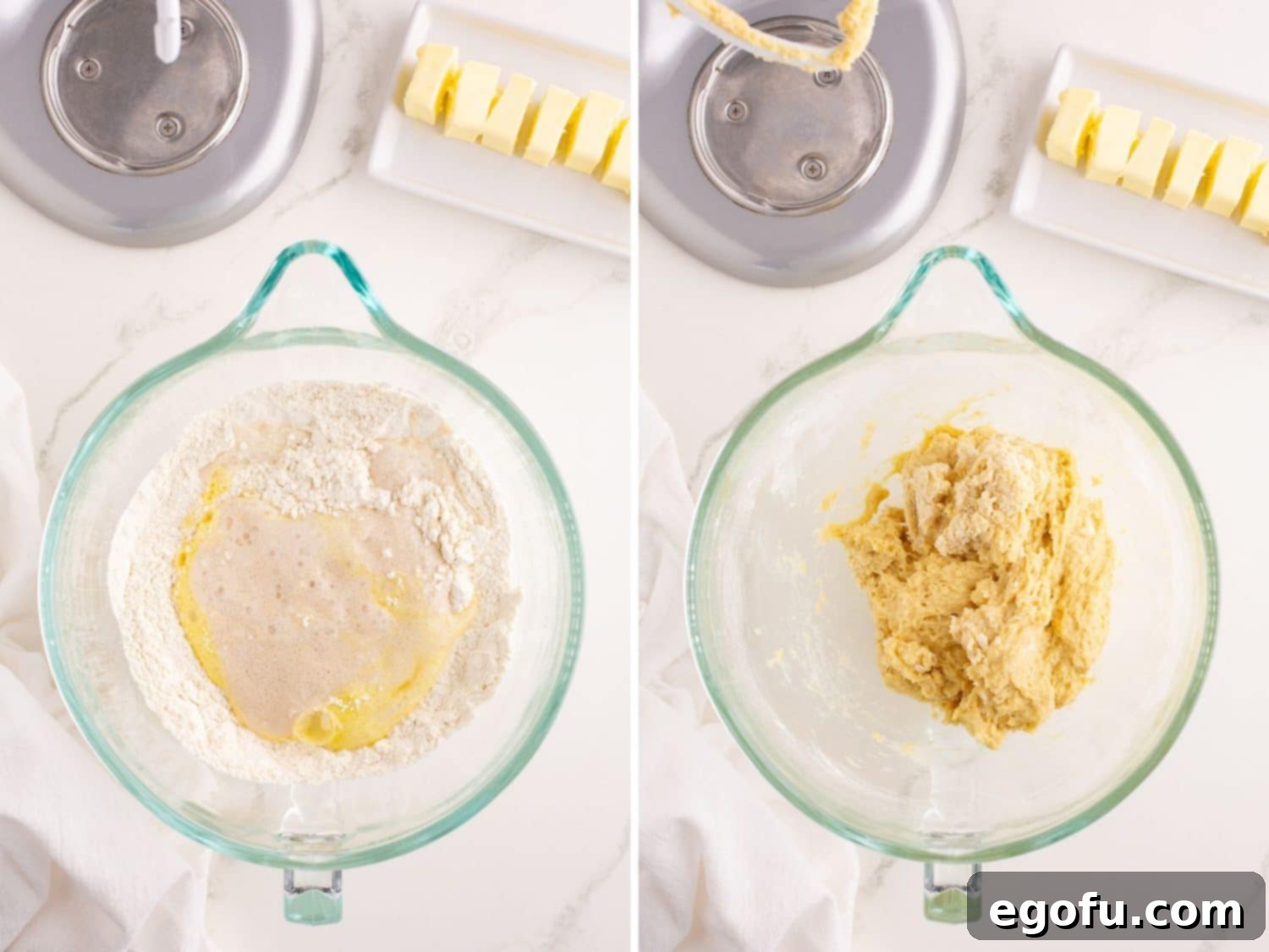 Golden Buttery Brioche Buns Fresh From Your Oven 7 Eggs being added to the flour mixture, and the dough just starting to come together into a shaggy mass.
