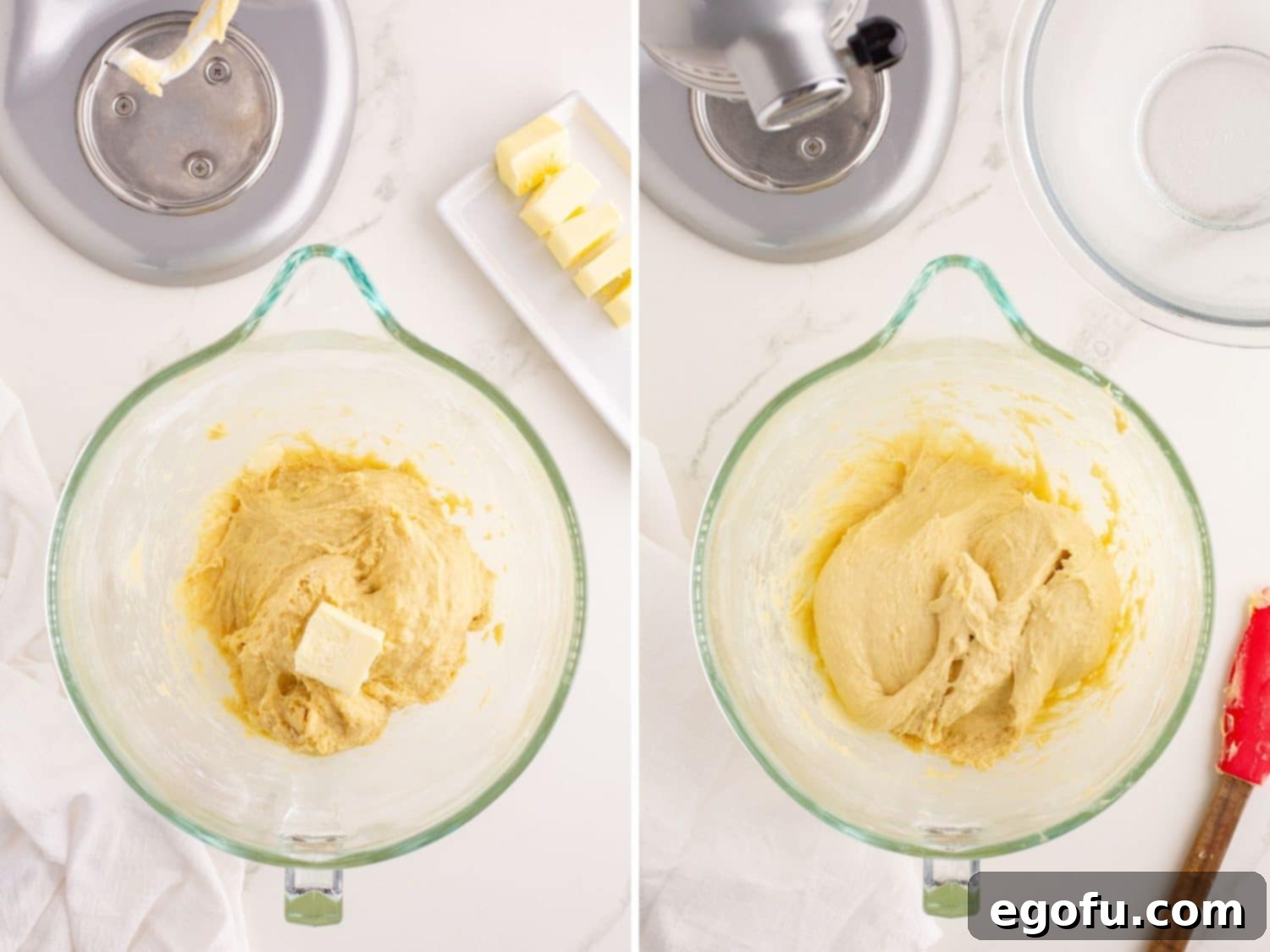 Golden Buttery Brioche Buns Fresh From Your Oven 8 Softened butter being added to the dough in a stand mixer, followed by the dough mixing and becoming smooth.