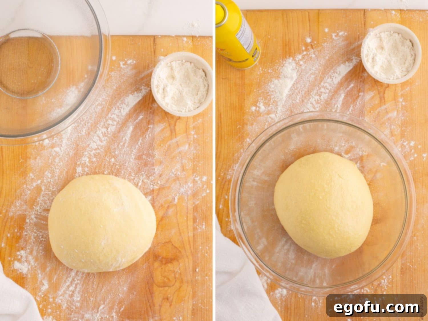 Golden Buttery Brioche Buns Fresh From Your Oven 9 Dough resting on a floured surface, followed by dough rising and doubling in size within a greased bowl.