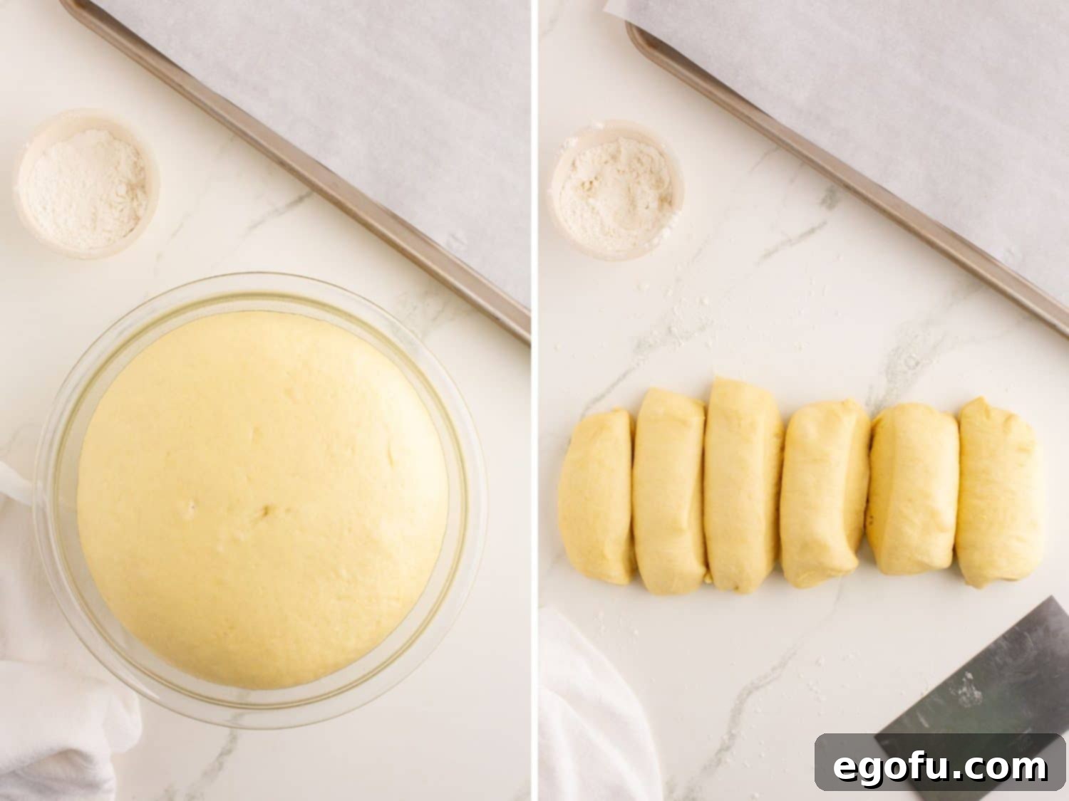 Golden Buttery Brioche Buns Fresh From Your Oven 10 Dough after its first rise, being cut into 8 equal pieces, then shaped into smooth balls and placed on a baking sheet to rise further.