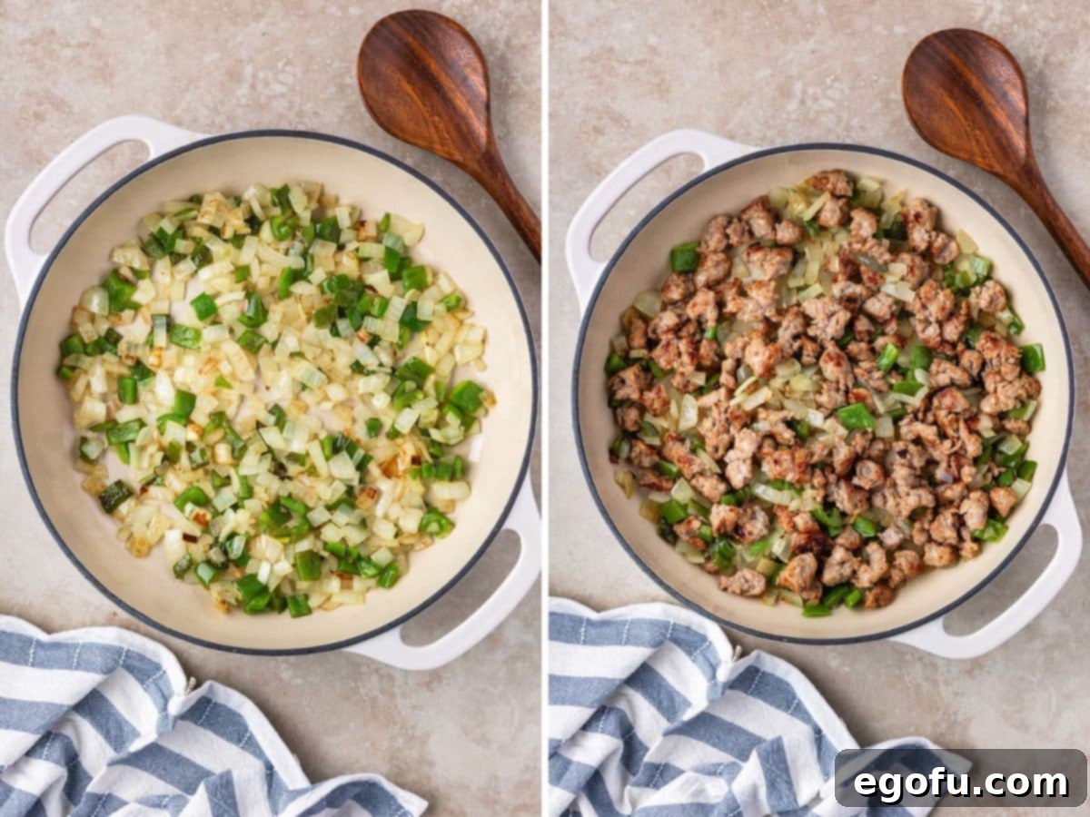 A skillet with peppers and onions cooking, followed by ground sausage being added to it.