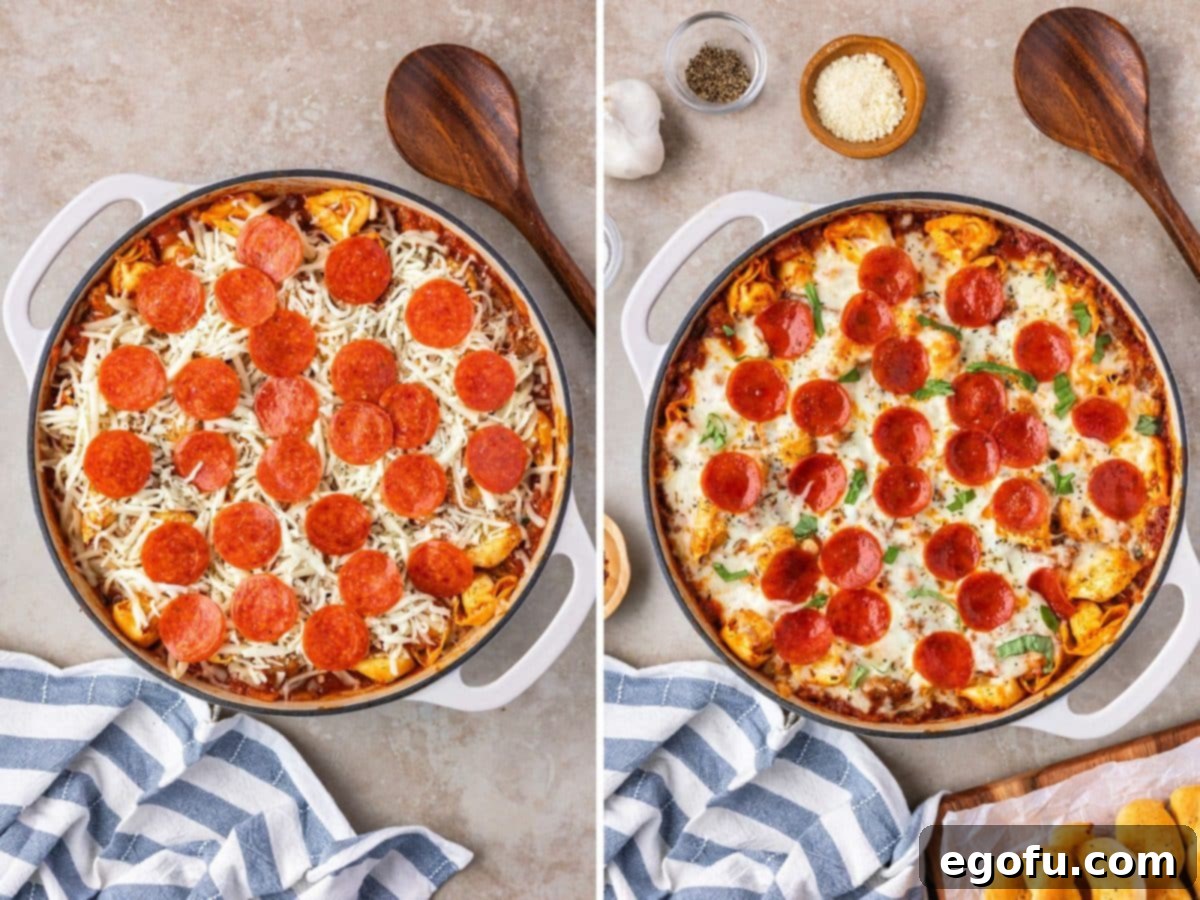 Pepperonis added to the skillet and a perfectly baked pizza flavored tortellini skillet, hot and bubbly from the oven.